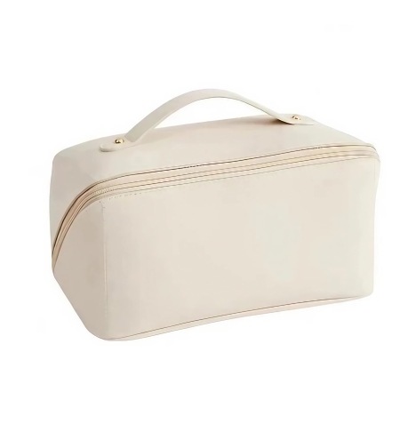 Geanta de Calatorie Flippy, Pentru Cosmetice, Portabila, Impermeabila, din Piele Ecologica, Compartimente Multiple, cu Fermoar, 23 x 11.5 x 10.5 cm, Crem