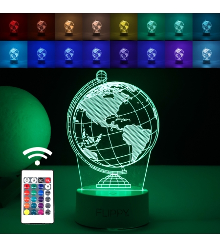 Lampa LED decorativa, Flippy, 3D, Globul Pamantesc, doua moduri de alimentare USB si baterii, 20 cm inaltime, din material acril si lumina multicolora, alb