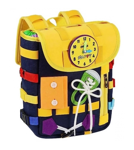 Ghiozdan Montessori, Flippy, pentru Copii 2-6 ani, Fidget Pop, cu Catarame si Fermoare, Jucarii Senzoriale, Activitate de Invatare prin Joc, Albastru Marin, 0.25 kg, 28x10x23 cm