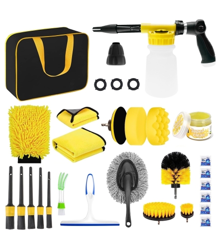 Set 26 Accesorii pentru Curatare Auto, Flippy, din PP si Microfibra, Interior/Exterior, 30.5 x 27.5 x 16 cm, Galben/Negru