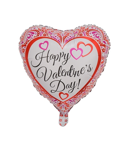 Balon din Folie Metalizata, Flippy, Figurina Inimioara, Model Happy Valentine's Day, Tematica Iubire, 45 cm, Ambalaj Individual, Pai Inclus, Umflare cu Aer sau Heliu, Rosu