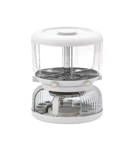 Dozator etajat de cereale Flippy, rotativ 360, 6 compartimente, capacitate 10L, cofrag special pentru oua, vas pentru scurgerea cerealelor, 35x27.5 cm, alb