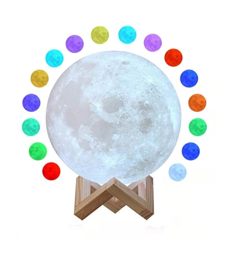 Lampa de veghe luna 3D Moon Light, lumina multicolora cu LED, 7 culori, schimbare culoare prin atingere, alimentare baterii, fara acumulator, stand din plastic inclus, 18 cm, Flippy