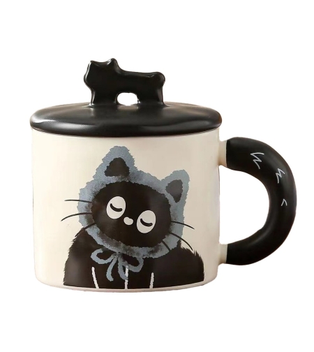 Cana din Ceramica, Flippy, Model in Cutie pentru Cadou, Cana pentru Ceai, Cafea, Cana Retro Design Capac cu Figurina 3D, 9.5 x 8 x 8 cm, 360 ml, Bej, Print Pisica Albastru Negru