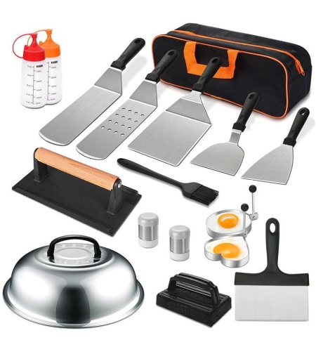 Ustensile pentru Gratar, Flippy, Set din 17 Ustensile pentru Gratar cu Preparare de tip Plita, Ustensile din Otel Inoxidabil cu Manere din Plastic PP, cu Geanta, Negru