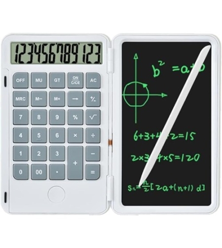 Calculator de Mana Reincarcabil cu Tabla de Scris, Flippy, Calculator Portabil, Ecran LCD, Afisaj cu 12 Cifre, Ecran de 15 cm, Culoare Alb