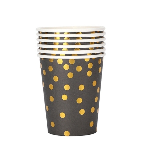 Set 10 Pahare, Flippy, Imprimeu cu Buline, din Carton, 250 ml, 7.5 x 8.5 x 5.2 cm, Negru/Auriu