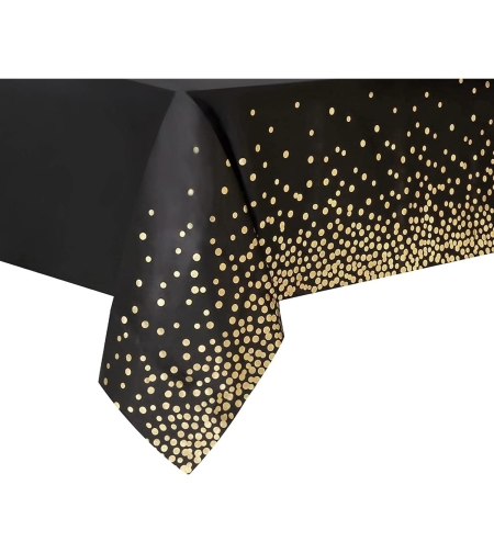 Fata de Masa, Flippy, din PEVA, Imprimeu Buline Aurii, 137 x 274 cm, Impermeabila, Fara Pete, Curatare Rapida, Negru
