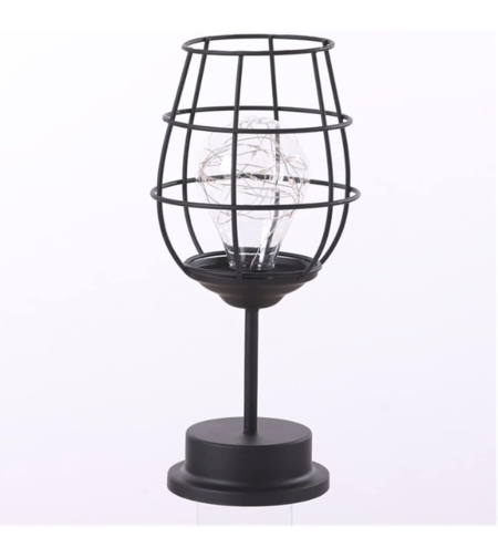 Lampa Decorativa cu Leduri, Flippy, Model Pahar de Vin, cu Baterii, 13 x 13 x 28 cm, Suport Negru, Lumina Alb Cald