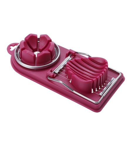 Feliator multifunctional Flippy pentru oua, mozzarela, fructe, 2 forme de feliere, agatatoare, 20 cm, Visiniu