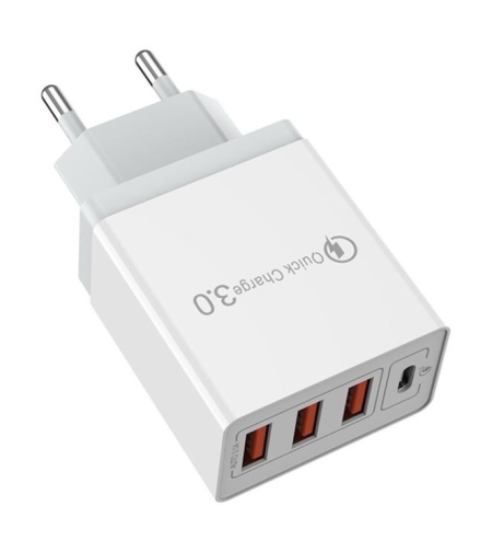 Incarcator Fast Charge pentru Telefon 32W, Flippy, Incarcator Quick Charge cu 3 Porturi USB-A 3.1A & 1 USB-C, Power Delivery 32W, Cap Standard European, Alb