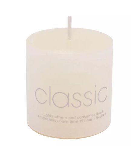 Lumanare Decorativa, Flippy, din Parafina, Cilindrica, Fara Fum si Fara Parfum, 5 x 5 cm, 90 g, Ardere 12h, Ivory Alb