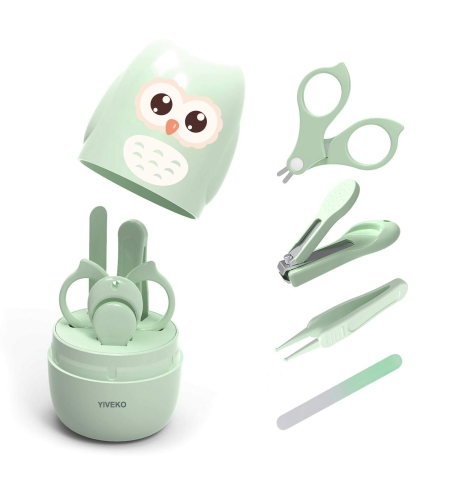Set 4 Piese Ingrijire Unghii Bebelusi, Flippy, din ABS+Otel Inoxidabil, Cutie de Depozitare Tip Bufnita, de la 0 Luni, 11.5 x 5 x 11.5 cm, Verde