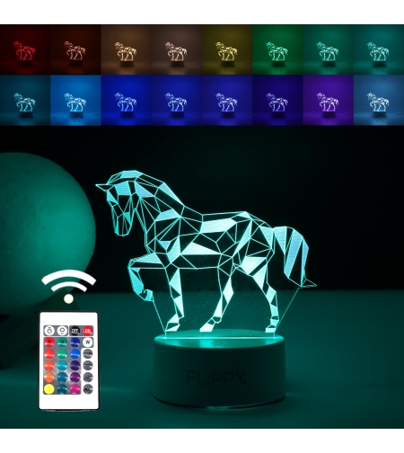 Lampa LED decorativa, Flippy, 3D, Cal, cu telecomanda, doua moduri de alimentare USB si baterii, 20 cm inaltime, din material acril si lumina multicolora, alb
