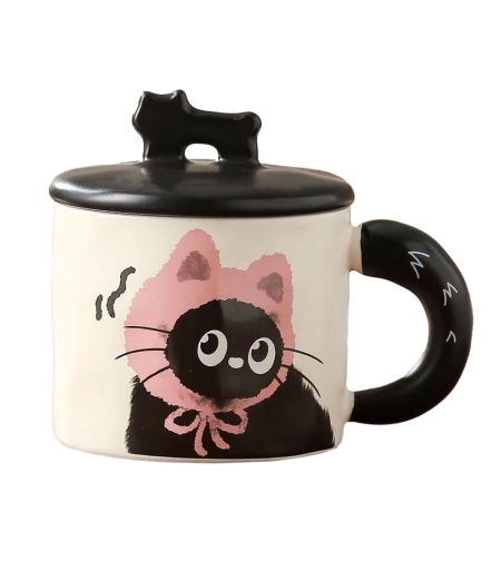 Cana din Ceramica, Flippy, Model in Cutie pentru Cadou, Cana pentru Ceai, Cafea, Cana Retro Design Capac cu Figurina 3D, 9.5 x 8 x 8 cm, 360 ml, Bej, Print Pisica Roz Negru