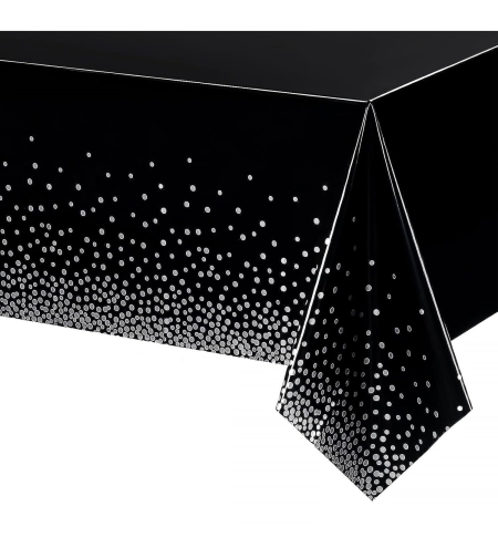 Fata de Masa, Flippy, din PEVA, Imprimeu Buline Argintii, 137 x 274 cm, Impermeabila, Fara Pete, Curatare Rapida, Negru