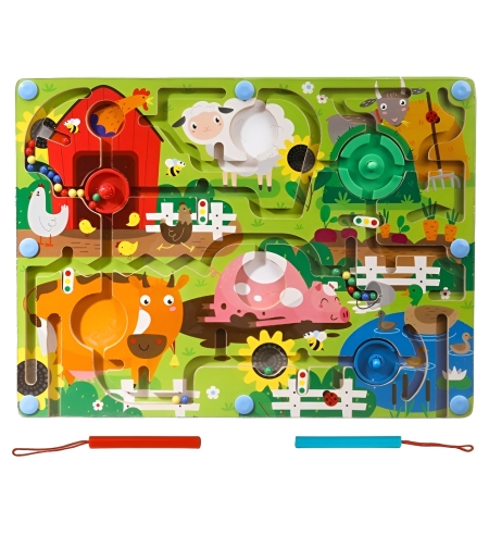 Joc Montessori de Sortare Culori, Flippy, Creion Magnetic, Tip Labirint Ilustrat, din Lemn, Model Ferma, 39x29x1.5 cm