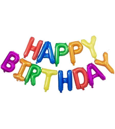 Set Baloane din Folie Metalizata, Flippy, Model Happy Birthday, Litere de 40 cm, Baloane Party, Ambalaj Individual, Pai, Ata si Adeziv Incluse, Umflare cu Aer sau Heliu, Multicolor