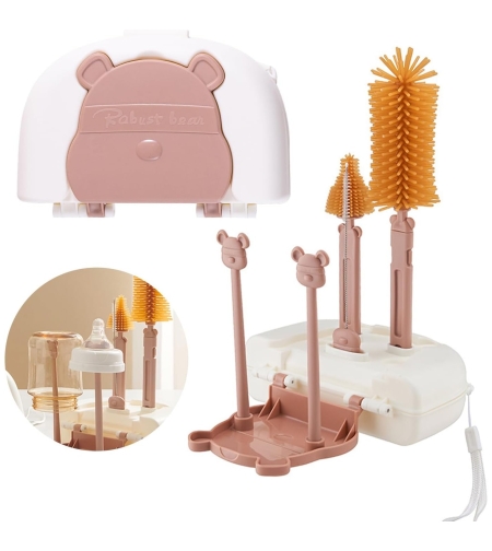Set 7 Piese de Spalat/Uscat Biberoane, Flippy, Portabil, Peri de Silicon, pentru Tetine, Suzete, Biberoane, Paie, Cutie Inclusa, 16 x 11 x 5 cm, Model Ursulet, Maro