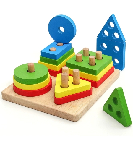 Jucarie Educativa Flippy, Tip Montessori, din Lemn, + 36 Luni, Forme Geometrice, 16 Piese, 12 x 12 cm, Multicolor