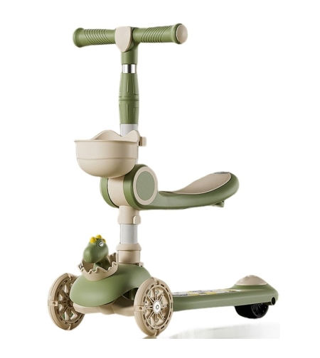 Trotineta Multifunctionala 3 in 1, Flippy, pentru Copii, 1-7 Ani, cu Lumini si Muzica, Reglabil 360, Pliere Usoara, Reglarea Inaltimii, Model Dinozaur, Bej/Verde