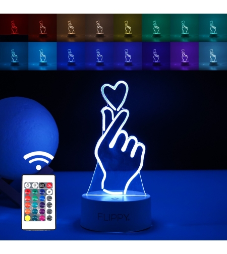 Lampa LED decorativa, Flippy, 3D, Mana si Inima, din material acril si lumina multicolora, alb