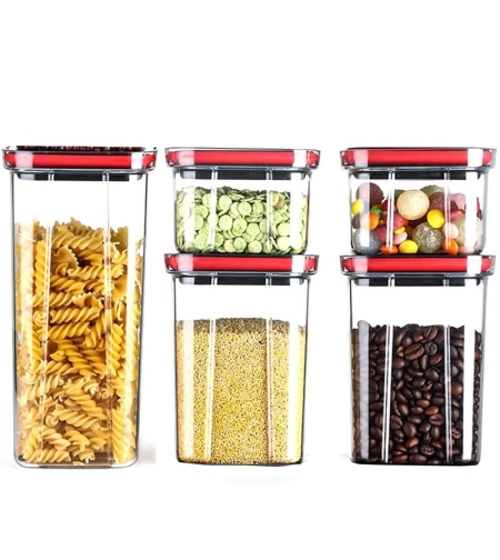 Cutii de Depozitare Alimente, Flippy, Set din 5 Cuti de tip Container, Recipiente pentru Cereale in Bucatarie,  Transparente cu Capac Negru