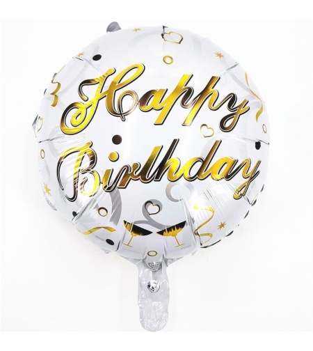 Balon din Folie Metalizata, Flippy, Mini Figurina Rotunda, Model Happy Birthday, Tema Aniversare, 45 cm, Ambalaj Individual, Pai inclus, Umflare cu Aer sau Heliu, Argintiu