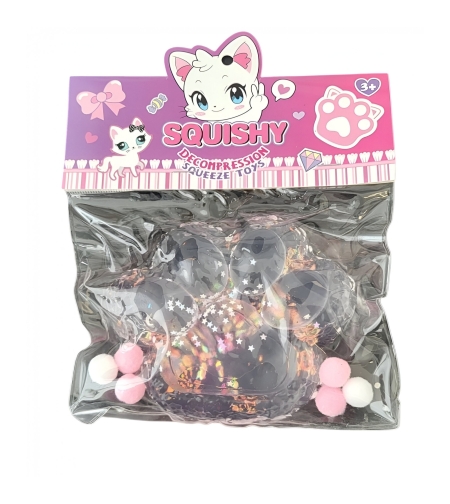 Jucarie Antistres Squishy, Flippy, cu Revenire Lenta, Model Labuta de Pisica Pufoasa, 12.5x10.5 cm, 220g, Squeeze Pinch Family, Roz transparent