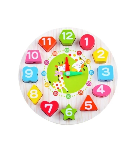 Jucarie Educativa Flippy, Tip Montessori, Model Ceas Girafa, din Lemn, + 36 Luni, 12 Piese, 17 cm, Multicolor