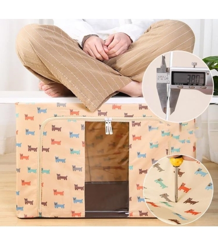 Cutie de Depozitare Pliabila, Flippy, 66 L, Panza Oxford, 50x40x33 cm, Fereastra Frontala, 2 Usi de Acces cu Fermoar Bidirectional, Cadru Metalic, Suport Baza Stabil din Plastic, Imprimeu Catelus, Bej