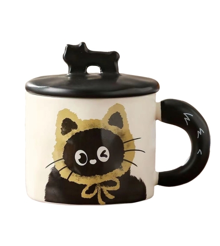 Cana din Ceramica, Flippy, Model in Cutie pentru Cadou, Cana pentru Ceai, Cafea, Cana Retro Design Capac cu Figurina 3D, 9.5 x 8 x 8 cm, 360 ml, Bej, Print Pisica Galben Negru