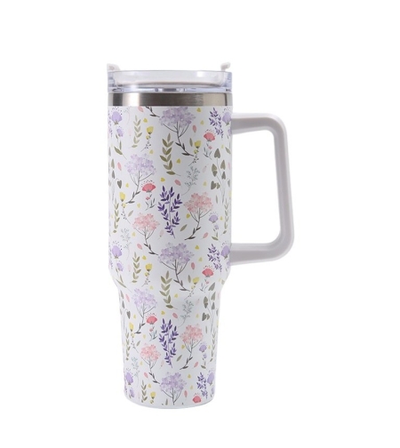 Cana Termos din Plastic, Flippy, pentru Bauturi Calde si Reci, cu Maner, Imprimeu Floral,  Alb, 10x7.6x27.5 cm