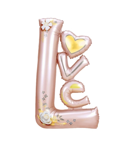 Balon din Folie Metalizata, Flippy, Figurine, Model LOVE, Tematica Iubire, 110x64 cm, Ambalaj Individual, Pai Inclus, Umflare cu Aer sau Heliu, Roz Deschis