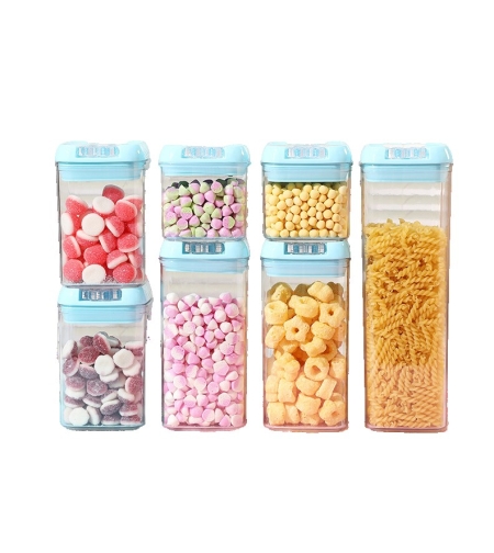 Set 7 Cutii de Depozitare Alimente, Flippy, 2 x 500ml, 2 x 800ml, 2 x 1200ml, 1 x 1900 ml, Capac Albastru, din PP+PET, Inchidere Ermetica, Transparent