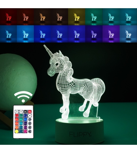 Lampa LED decorativa, Flippy, 3D, Unicorn, cu USB si baterii, 20 cm inaltime, din material acril, lumina multicolora si telecomanda inclusa, alb