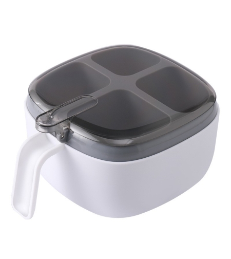 Recipient pentru condimente Flippy, 4 casute, potrivit pentru sare, cimbru, piper, condimente, 4 lingurite din plastic, capac din plastic, maner, 14x14x8 cm, alb