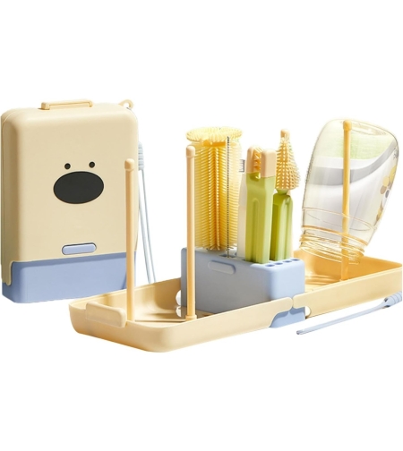 Set 7 Piese de Spalat/Uscat Biberoane, Flippy, Portabil, Peri de Silicon, pentru Tetine, Suzete, Biberoane, Paie, Cutie Inclusa, 16.8 x 12 x 5 cm, Model Catel, Albastru