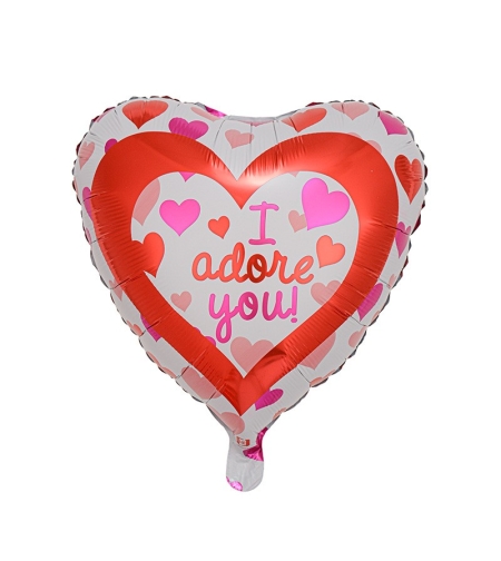 Balon din Folie Metalizată, Flippy, Forma de Inima, Model I Adore you, 45cm, Ambalaj Individual, Pai inclus, Umflare cu Aer sau Heliu, Rosu