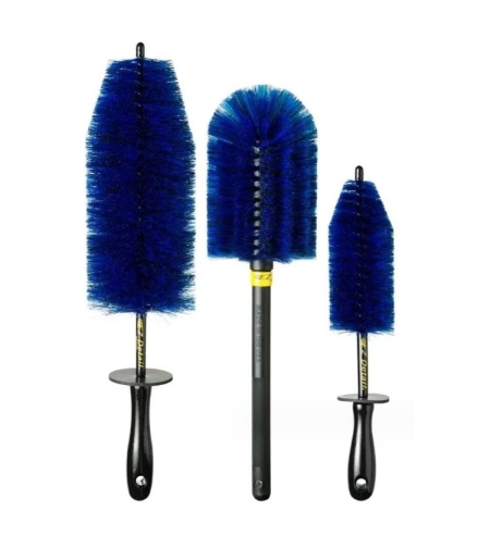 Set 3 Piese pentru Cosmetica Auto, Flippy, din Plastic si Otel, Maner Ergonomic, Perie Butuc, Anvelope, Detalii, Albastru