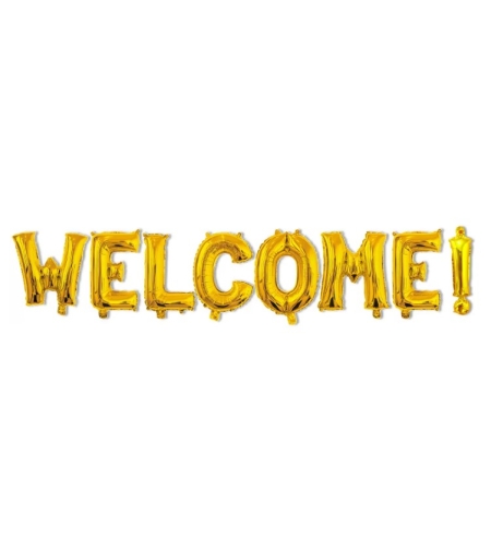 Set Baloane din Folie Metalizata, Flippy, Model WELCOME!, Litere de 40 cm, Baloane Party, Ambalaj Individual, Pai Inclus, Umflare cu Aer sau Heliu, Auriu