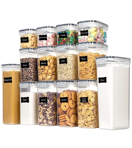 Cutii de depozitare alimente, Flippy, Set din 14 Cutii pentru Condimente, Cereale, Cutii pentru Bucatarie, din Plastic PP, Cutii Alimentare, Diferite Dimensiuni, Transparente