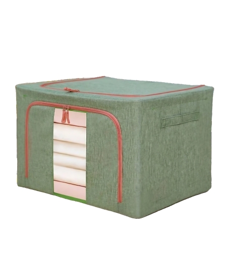 Cutie de Depozitare Pliabila, Flippy, Cu fermoar Bidirectional, 66 L, Textil, 50x40x33 cm, Cadru Metalic, o Fereastra, Suport Baza Stabil din Plastic, Verde