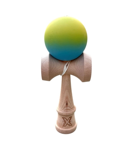 Kendama X Originala, Flippy, 18 cm, Profesionala, +9 Ani, din Lemn, Model Gradient, Galben/Albastru