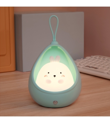 Lampa de veghe portabila cu 2 moduri de functionare Flippy, silicon non-toxic, reincarcabila USB, senzor miscare, albastru, iepuras