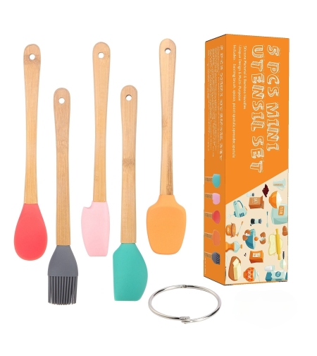 Set 5 Mini Spatule de Silicon Flippy, pensula, Stejar, Multicolor