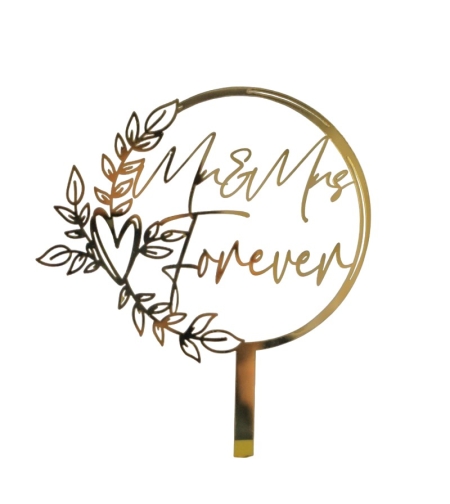 Decoratiune Topper pentru Tort, Flippy, Model Mr&Mrs Forever, Tematica Nunta, 10 cm, Auriu