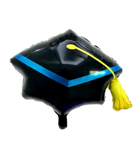 Balon din Folie Metalizata, Flippy, Figurina, Model Toca Congrats Grad, Tematica Absolvire, 56x70 cm, Ambalaj Individual, Pai Inclus, Umflare cu Aer sau Heliu, Negru-Albastru