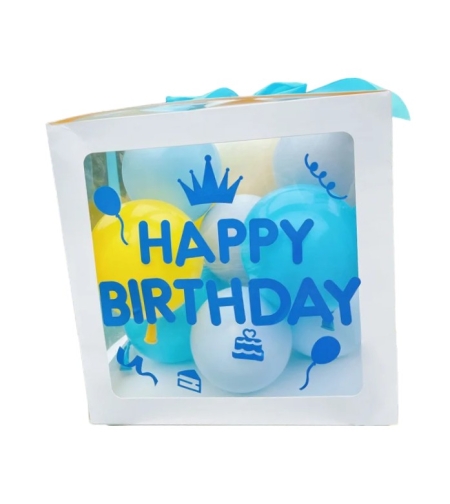 Cutie pentru Baloane, Flippy, Tematica Aniversare, Model Scris Happy Birthday, Baloane Albastre, Albe, Galbene si Panglica Incluse, Contur Alb, Transparenta, 30x30 cm