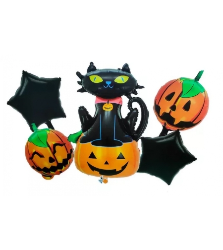 Set 5 Baloane din Folie Metalizata, Flippy, Figurine, Tema Halloween, Pai Inclus, Ambalaj Individual, Umflare cu Aer sau Heliu, Figurina Dovleac si Pisica 90x60 cm, Stelute si Cerculete 45 cm, Portocaliu-Negru